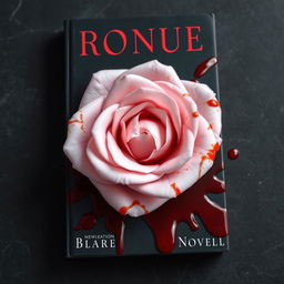 A captivating book cover featuring a light pink rose delicately adorned with splashes of vivid red blood