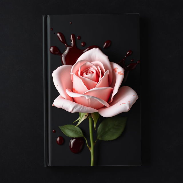 A captivating book cover featuring a light pink rose delicately adorned with splashes of vivid red blood