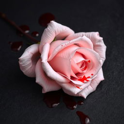 A captivating book cover featuring a light pink rose delicately adorned with splashes of vivid red blood