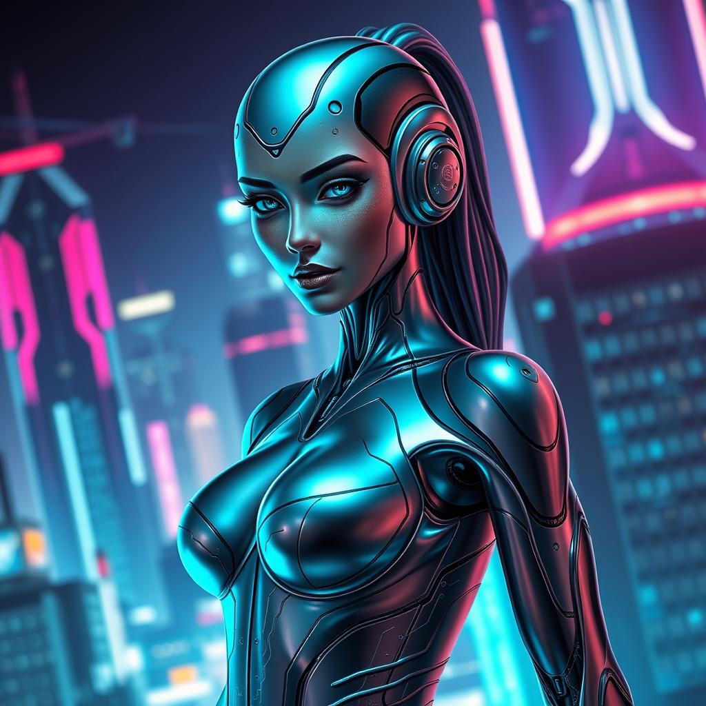 A sexy AI character, with a sleek, futuristic design, resembling a humanoid robot with flowing metallic skin