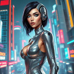 A sexy AI character, with a sleek, futuristic design, resembling a humanoid robot with flowing metallic skin