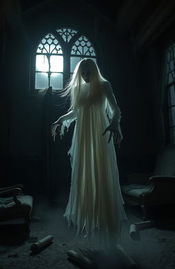 A terrifying ghost apparition haunting an abandoned, dimly lit mansion