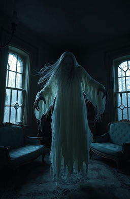 A terrifying ghost apparition haunting an abandoned, dimly lit mansion