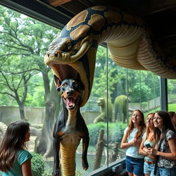 Inside a zoo exhibit, a colossal python is shown in the process of swallowing a frightened Doberman alive