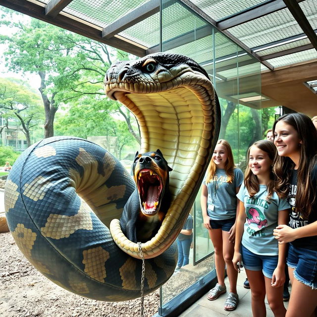 Inside a zoo exhibit, a colossal python is shown in the process of swallowing a frightened Doberman alive