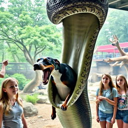 Inside a zoo exhibit, a colossal python is shown in the process of swallowing a frightened Doberman alive