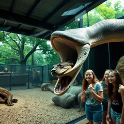 Inside a zoo exhibit, a colossal python is shown in the process of swallowing a frightened Doberman alive