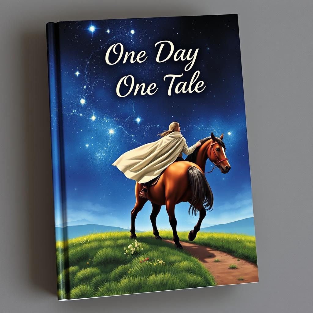 The cover of 'One Day One Tale' featuring a lone wanderer riding a majestic horse across an open landscape under a breathtaking starry sky