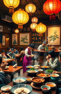 A vibrant and inviting Korean restaurant interior, featuring traditional Korean decor elements such as wooden tables, colorful hanbok textiles, and Korean art on the walls