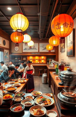 A vibrant and inviting Korean restaurant interior, featuring traditional Korean decor elements such as wooden tables, colorful hanbok textiles, and Korean art on the walls