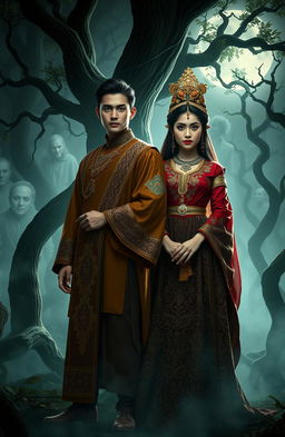 A handsome man dressed in traditional Javanese attire stands confidently beside a beautiful princess adorned in an intricately designed royal gown from the Javanese kingdom era