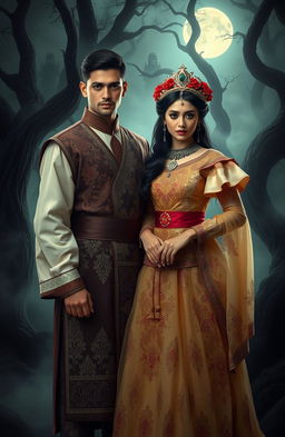 A handsome man dressed in traditional Javanese attire stands confidently beside a beautiful princess adorned in an intricately designed royal gown from the Javanese kingdom era