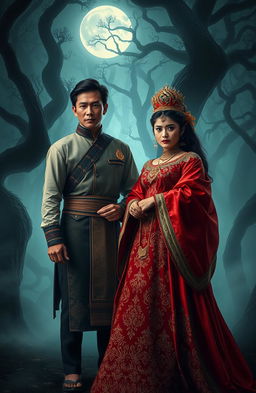 A handsome man dressed in traditional Javanese attire stands confidently beside a beautiful princess adorned in an intricately designed royal gown from the Javanese kingdom era