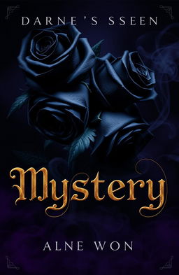 An attractive mystery book cover featuring dark themes, prominently displaying black roses intertwined with elegant, shadowy elements