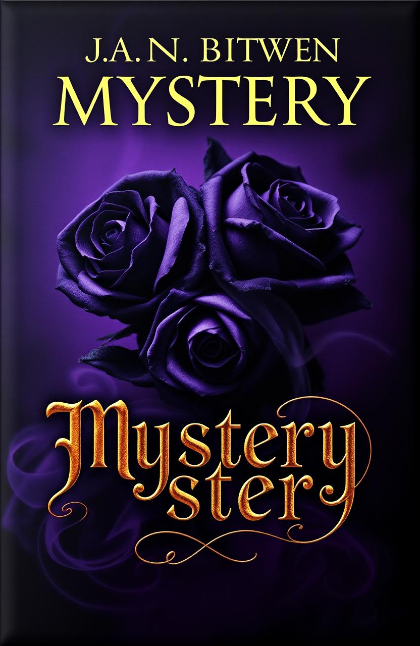 An attractive mystery book cover featuring dark themes, prominently displaying black roses intertwined with elegant, shadowy elements