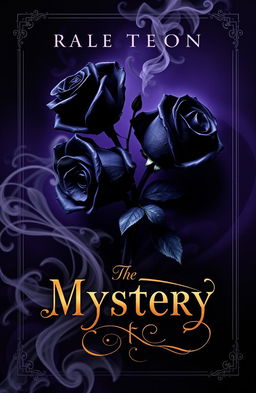 An attractive mystery book cover featuring dark themes, prominently displaying black roses intertwined with elegant, shadowy elements