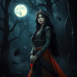 A beautiful princess of the Javanese kingdom, adorned in intricate traditional attire, standing in a dark, eerie forest