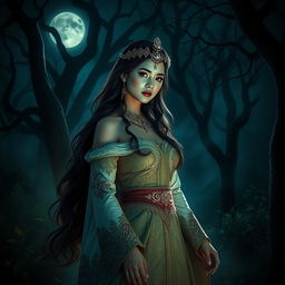 A beautiful princess of the Javanese kingdom, adorned in intricate traditional attire, standing in a dark, eerie forest