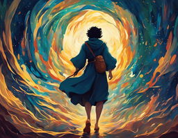 A Studio Ghibli-style abstract artwork depicting a human trespasser in the divine realm of the gods.