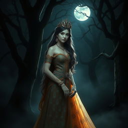 A beautiful princess of the Javanese kingdom, adorned in intricate traditional attire, standing in a dark, eerie forest