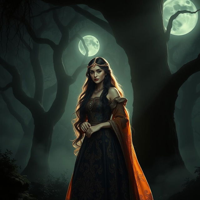 A beautiful princess of the Javanese kingdom, adorned in intricate traditional attire, standing in a dark, eerie forest