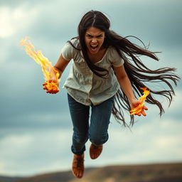 A girl levitating vertically in the air, her face showing intense rage