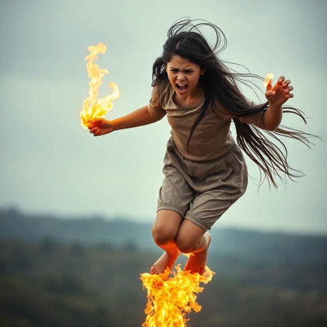 A girl levitating vertically in the air, her face showing intense rage