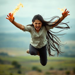 A girl levitating vertically in the air, her face showing intense rage