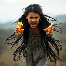 A girl levitating vertically in the air, her face showing intense rage