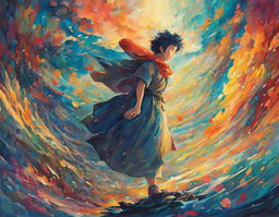 A Studio Ghibli-style abstract artwork depicting a human trespasser in the divine realm of the gods.