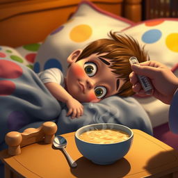 A Disney-style cinematic shot of a child lying sideways on a bed, looking sick with big, expressive eyes and a slight pout, capturing the whimsical animation style