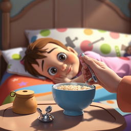 A Disney-style cinematic shot of a child lying sideways on a bed, looking sick with big, expressive eyes and a slight pout, capturing the whimsical animation style