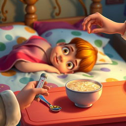 A Disney-style cinematic shot of a child lying sideways on a bed, looking sick with big, expressive eyes and a slight pout, capturing the whimsical animation style