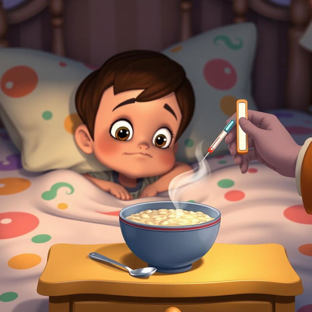 A Disney-style cinematic shot of a child lying sideways on a bed, looking sick with big, expressive eyes and a slight pout, capturing the whimsical animation style