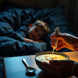 A Marvel-style dramatically lit cinematic shot of a child lying sideways on a bed, looking sick with a serious expression, evoking strength and vulnerability