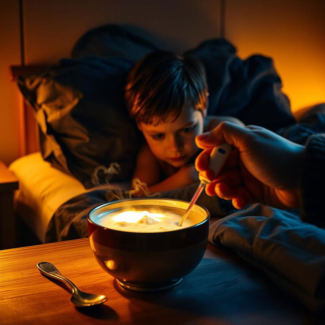 A Marvel-style dramatically lit cinematic shot of a child lying sideways on a bed, looking sick with a serious expression, evoking strength and vulnerability