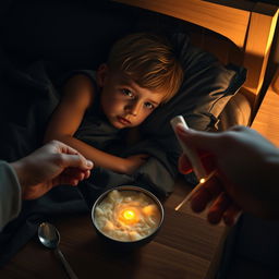 A Marvel-style dramatically lit cinematic shot of a child lying sideways on a bed, looking sick with a serious expression, evoking strength and vulnerability