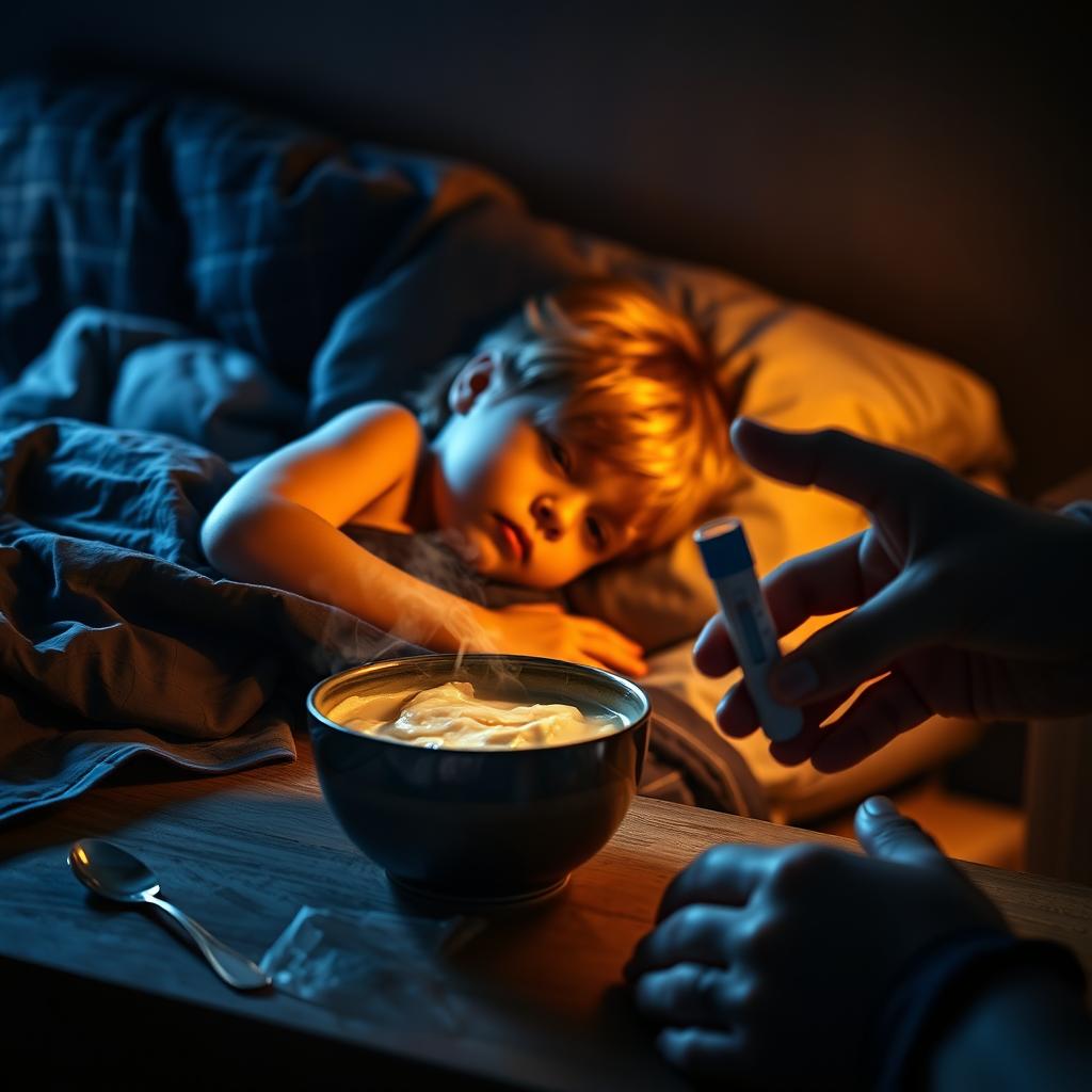 A Marvel-style dramatically lit cinematic shot of a child lying sideways on a bed, looking sick with a serious expression, evoking strength and vulnerability