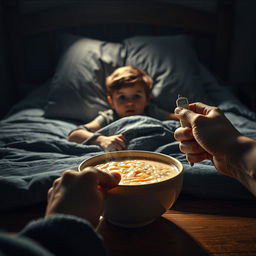 A point of view perspective from the night table, capturing a Marvel-style dramatically lit cinematic shot of a child lying sideways on a bed, appearing sick with a determined look