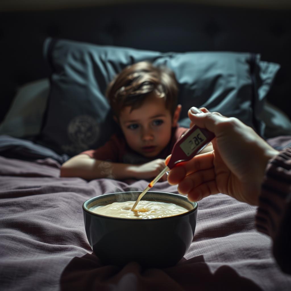 A point of view perspective from the night table, capturing a Marvel-style dramatically lit cinematic shot of a child lying sideways on a bed, appearing sick with a determined look