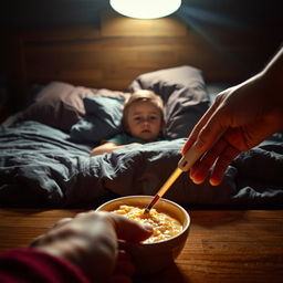 A point of view perspective from the night table, capturing a Marvel-style dramatically lit cinematic shot of a child lying sideways on a bed, appearing sick with a determined look