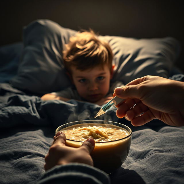 A point of view perspective from the night table, capturing a Marvel-style dramatically lit cinematic shot of a child lying sideways on a bed, appearing sick with a determined look