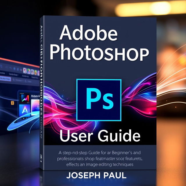 A professional and visually striking book cover for 'Adobe Photoshop 2025 User Guide' by Joseph Paul