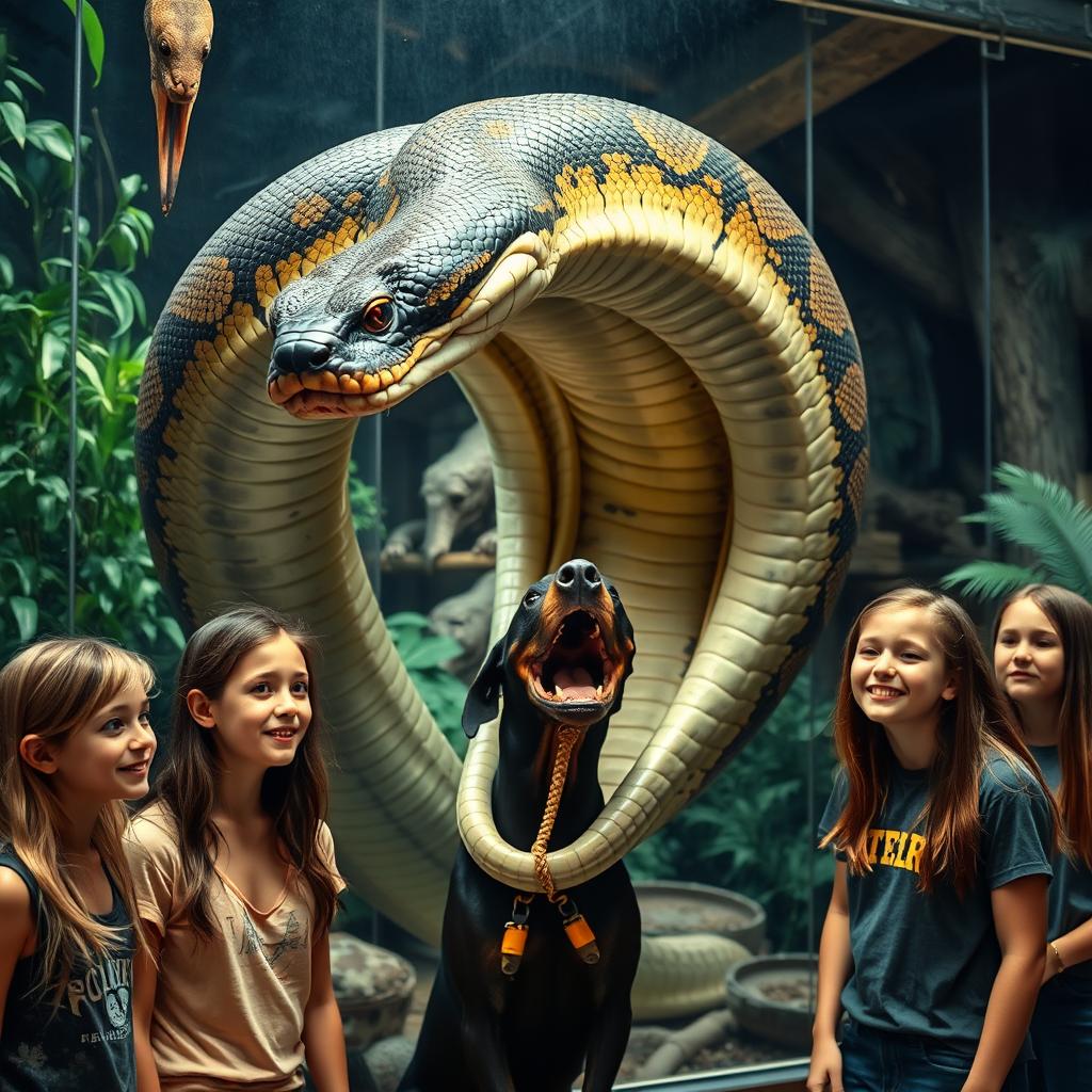 Inside a zoo exhibit, a massive python is depicted in the act of swallowing a terrified Doberman alive