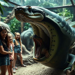 Inside a zoo exhibit, a massive python is depicted in the act of swallowing a terrified Doberman alive