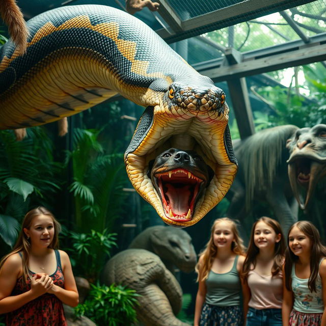 Inside a zoo exhibit, a massive python is depicted in the act of swallowing a terrified Doberman alive