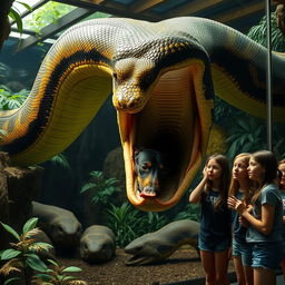 Inside a zoo exhibit, a massive python is depicted in the act of swallowing a terrified Doberman alive