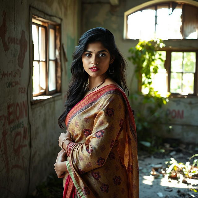 A striking scene featuring a young Indian woman, confidently posed, wearing a partially draped saree that flows elegantly over her shoulder, showcasing intricate patterns and vibrant colors