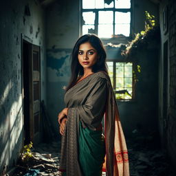 A striking scene featuring a young Indian woman, confidently posed, wearing a partially draped saree that flows elegantly over her shoulder, showcasing intricate patterns and vibrant colors