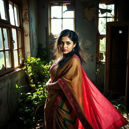 A striking scene featuring a young Indian woman, confidently posed, wearing a partially draped saree that flows elegantly over her shoulder, showcasing intricate patterns and vibrant colors